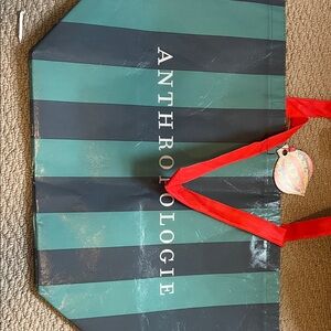 Anthropologie Teal and Black Striped Tote with Red Handles reusable
